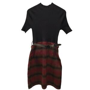 Calvin Klein Knit Sweater Plaid Dress Belt Black Red Womens Size Medium NWT New